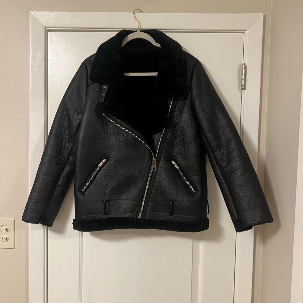 Black Faux-Shearling Aviator Jacket
